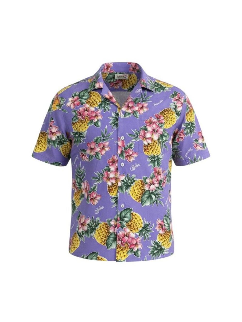 Evergreen Island Mens Aloha Shirt Purple Pineapple & Floral Print Short Sleeve L